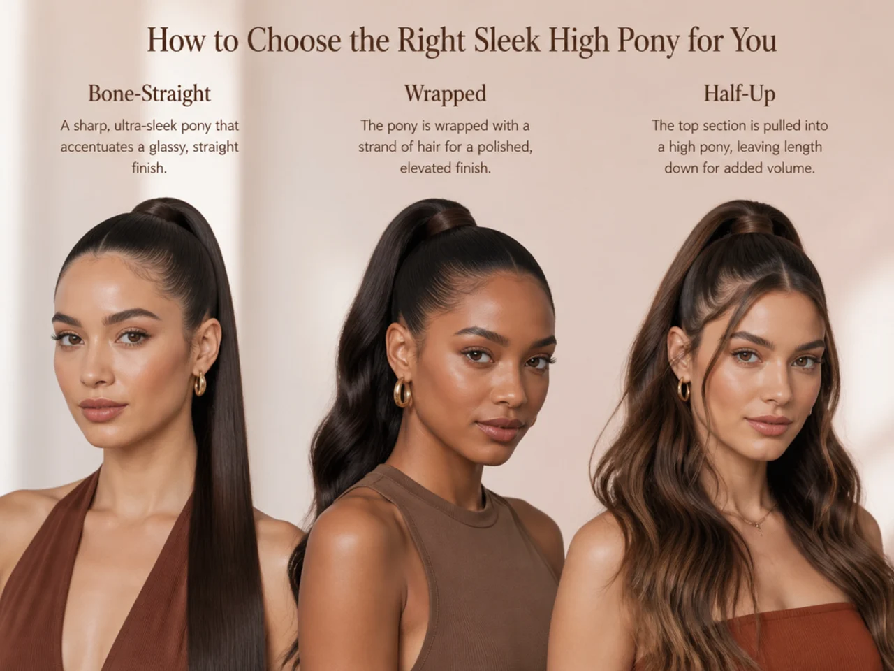 Three women modeling different sleek high pony finishes side by side — bone-straight, wrapped, and half-up