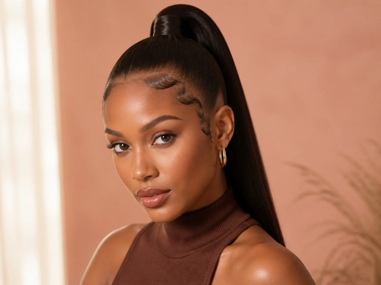 Sleek high pony with precisely laid baby hairs in S-shapes along the hairline on a Black woman with relaxed hair