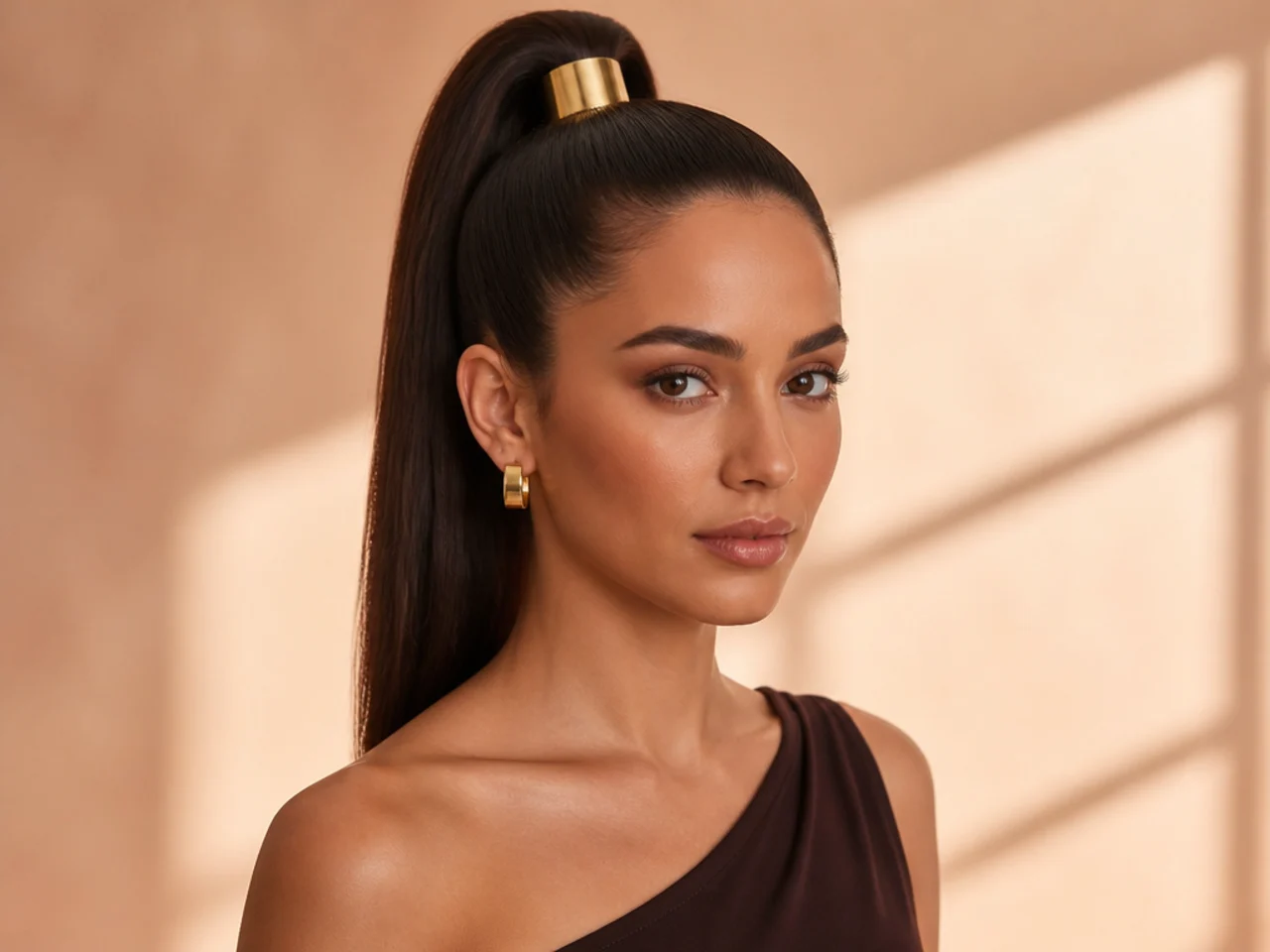 Sleek high pony with a gold metallic cuff wrapped around the tail base on a woman with dark brown hair