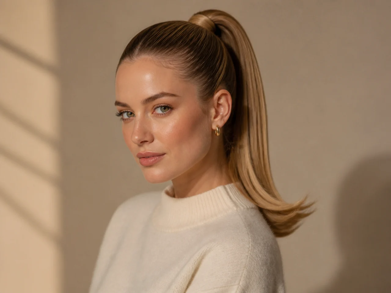 Old-money sleek high pony with quiet-luxury minimal finish on a woman with dark blonde hair in a cream cashmere sweater