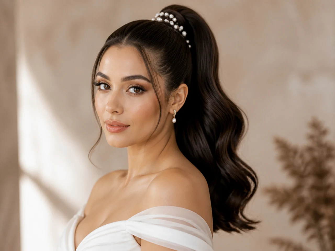 Bridal sleek high pony with pearl pins along the wrap and soft Hollywood wave in the tail on a woman in a white gown