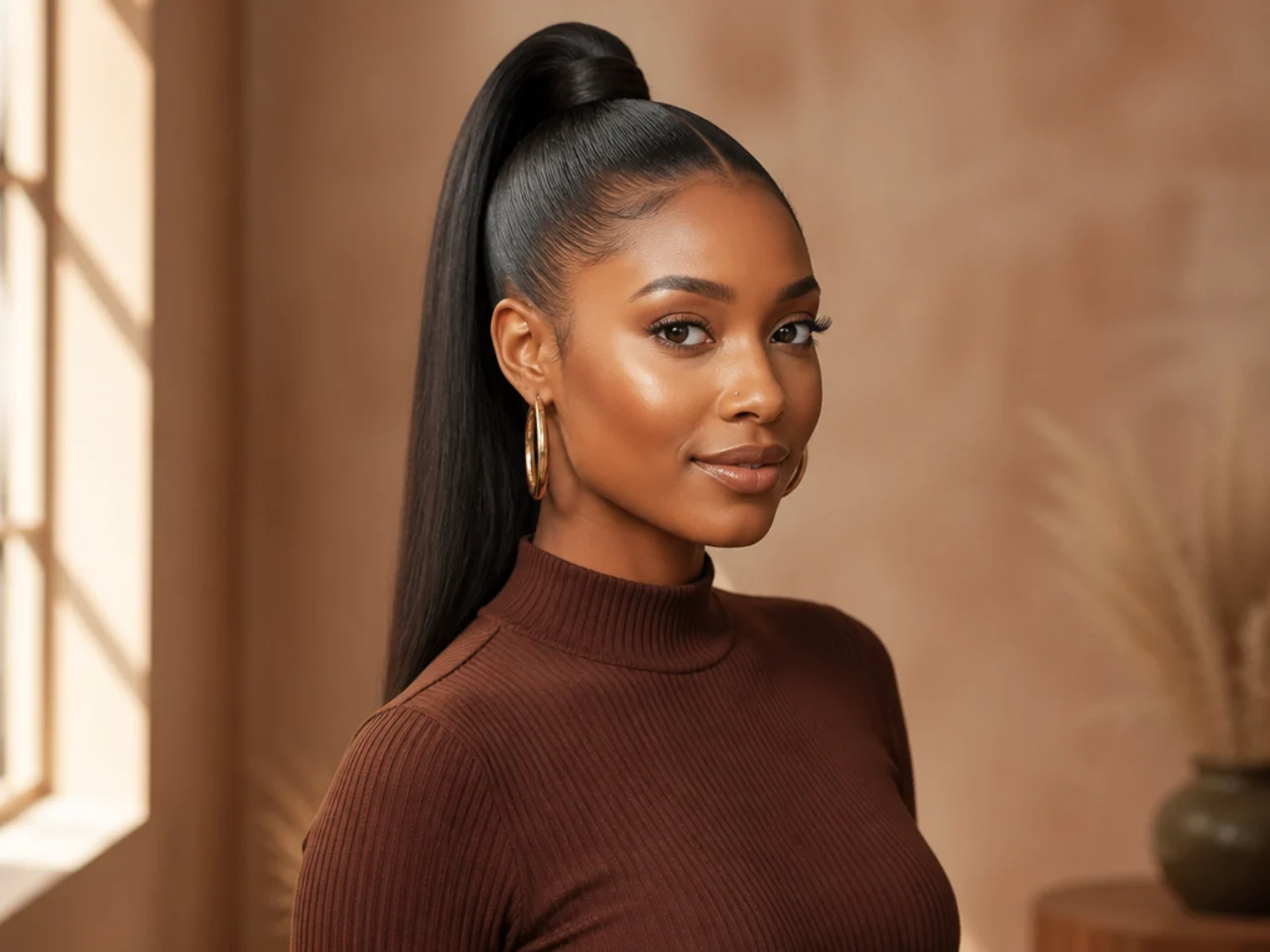 Silk-pressed sleek high pony with bone-straight tail on a Black woman with natural hair pressed smooth