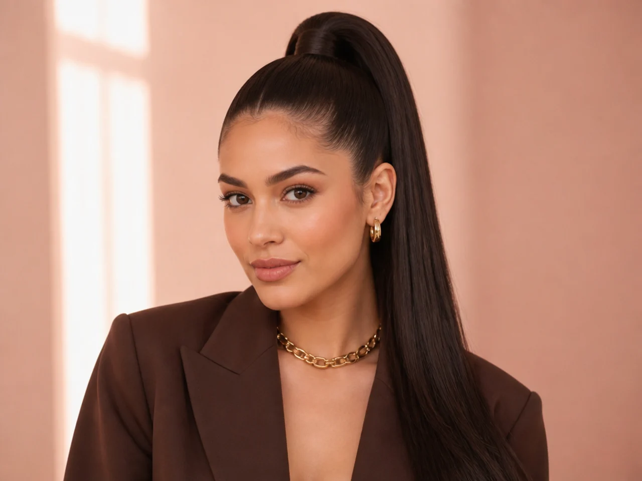 Very tall sleek high pony placed at the crown apex with long straight tail on a woman with long dark hair
