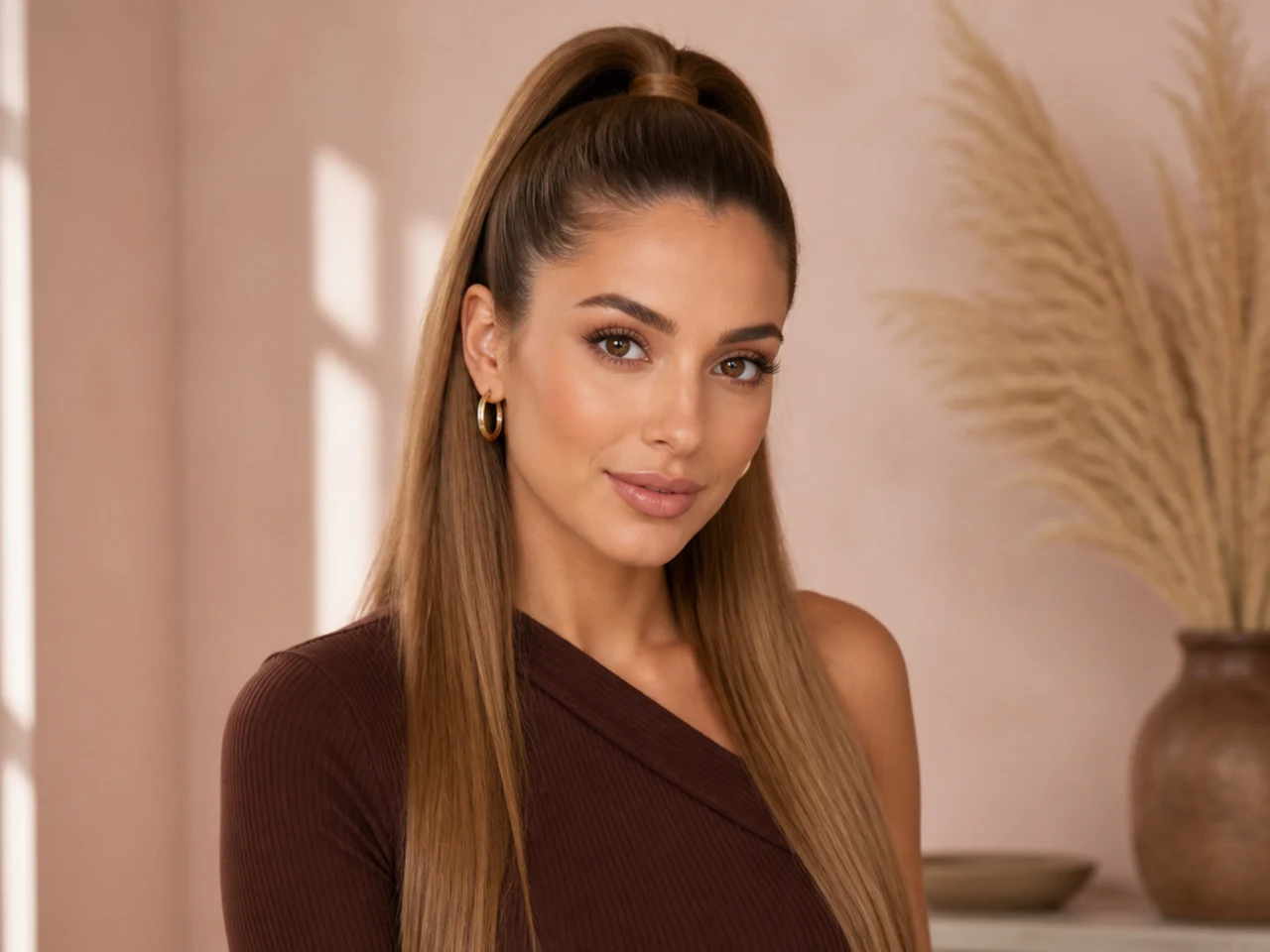 Sleek half-up high pony with the lower half worn loose and straight on a woman with light brown hair