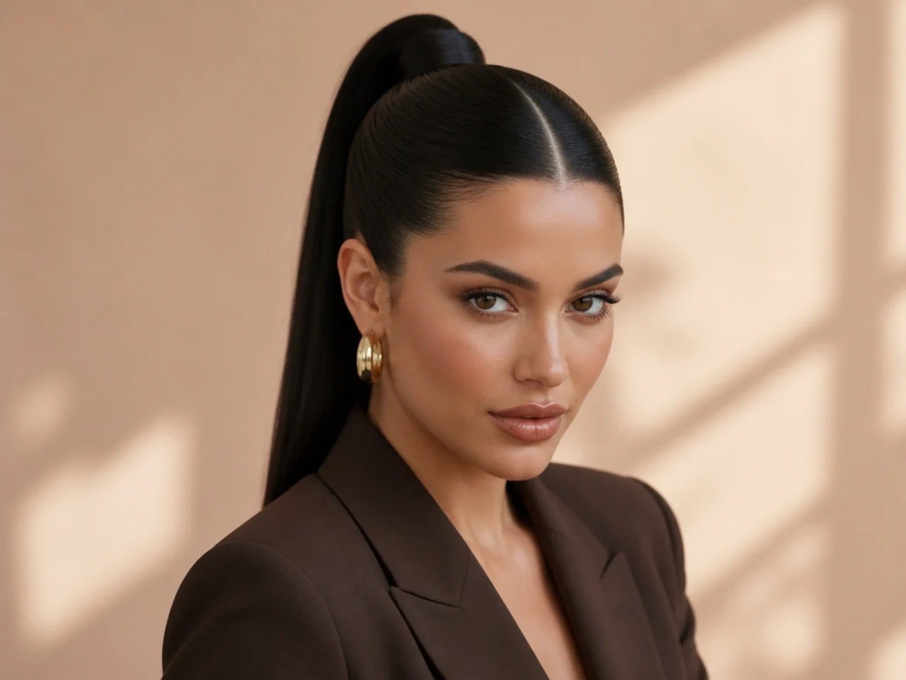 Sleek high pony with a razor-sharp center part on a woman with jet-black straight hair
