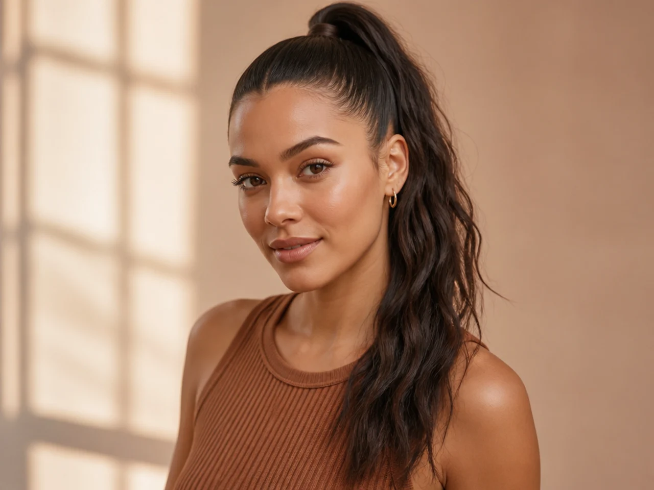 Overhead flatlay of sleek high pony essentials including strong-hold gel, boar-bristle brush, no-crease elastics, edge control, and light-hold hairspray