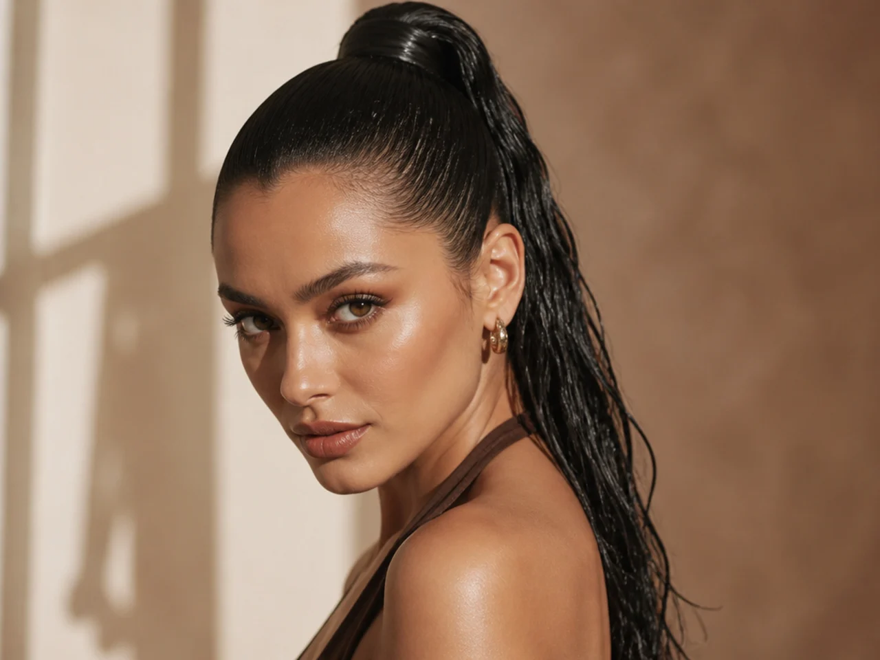 Wet-look editorial high pony with visible glossy sheen on a woman with sleek jet-black hair