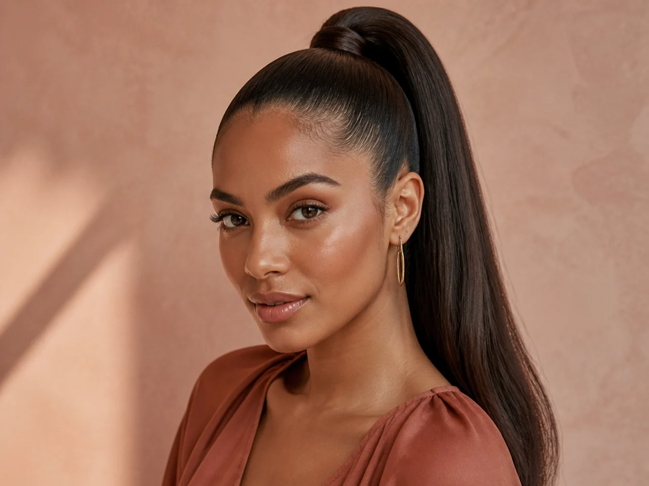 Woman with dark hair in a glass-smooth high pony showing the wrapped base and mirror finish at the crown
