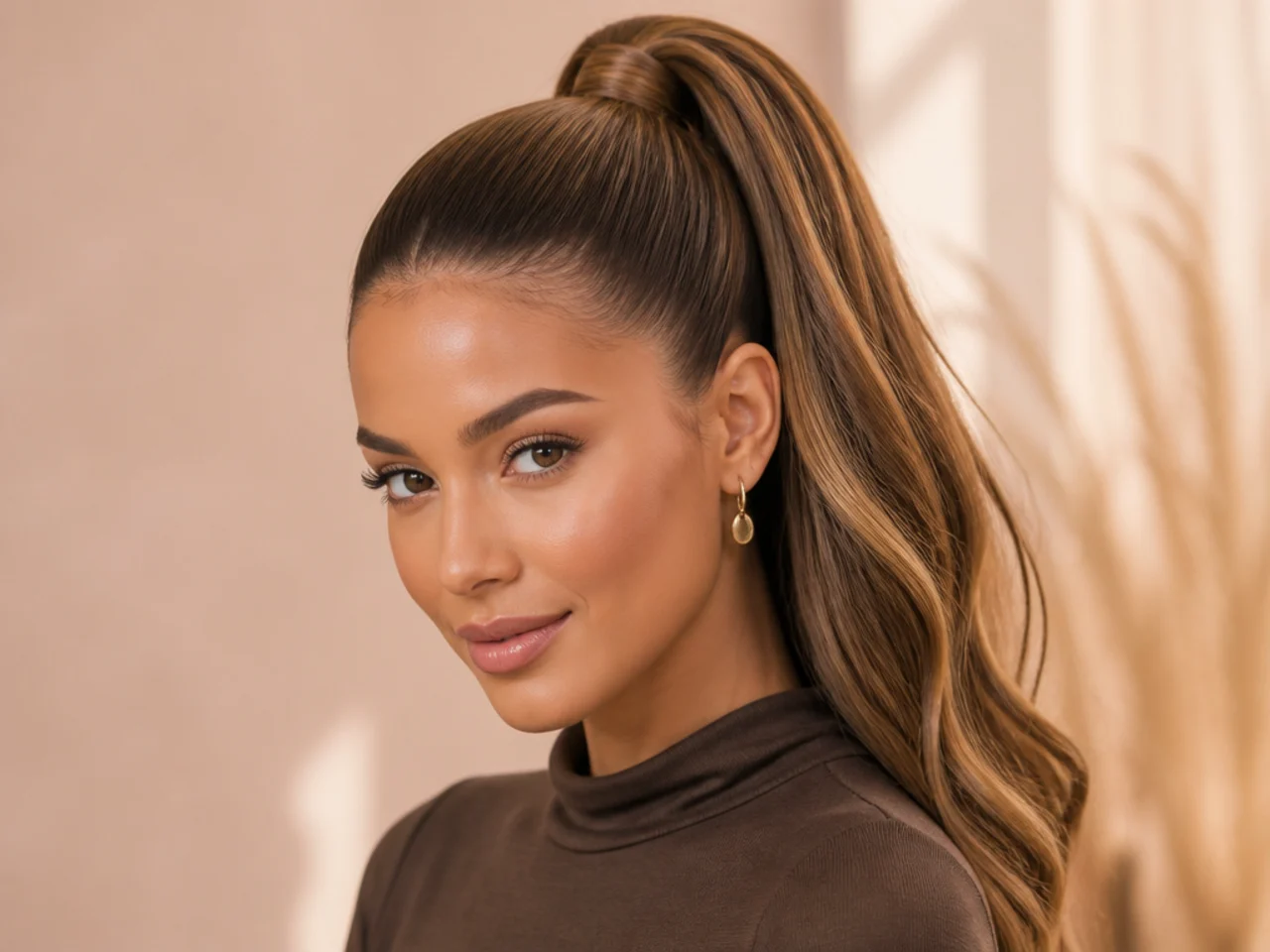 Sleek high pony with a hair-wrapped base hiding the elastic on caramel-highlighted brown hair
