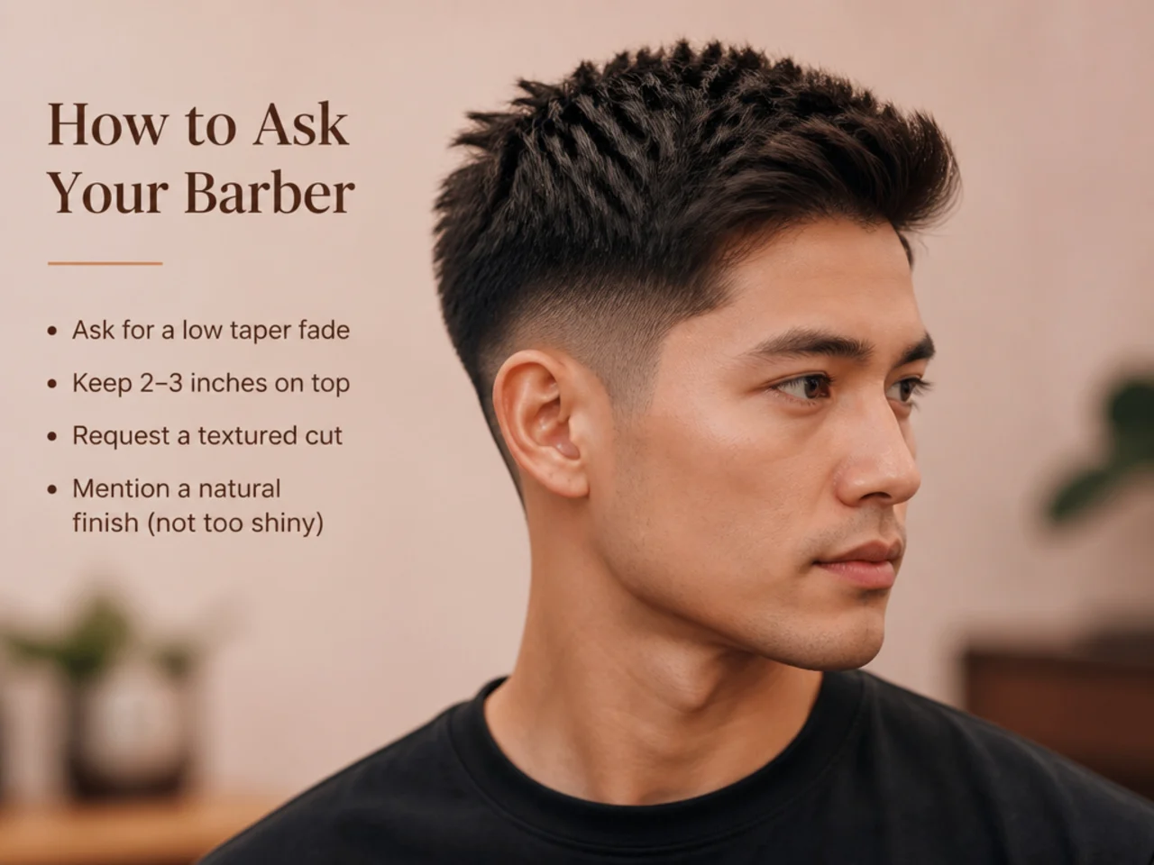 Guy showing a barber a reference photo for a short textured crop haircut