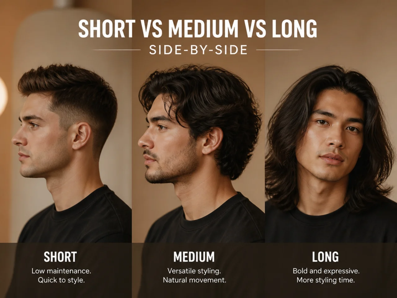 Short vs medium vs long men's hairstyle comparison — buzz, textured crop, and flow