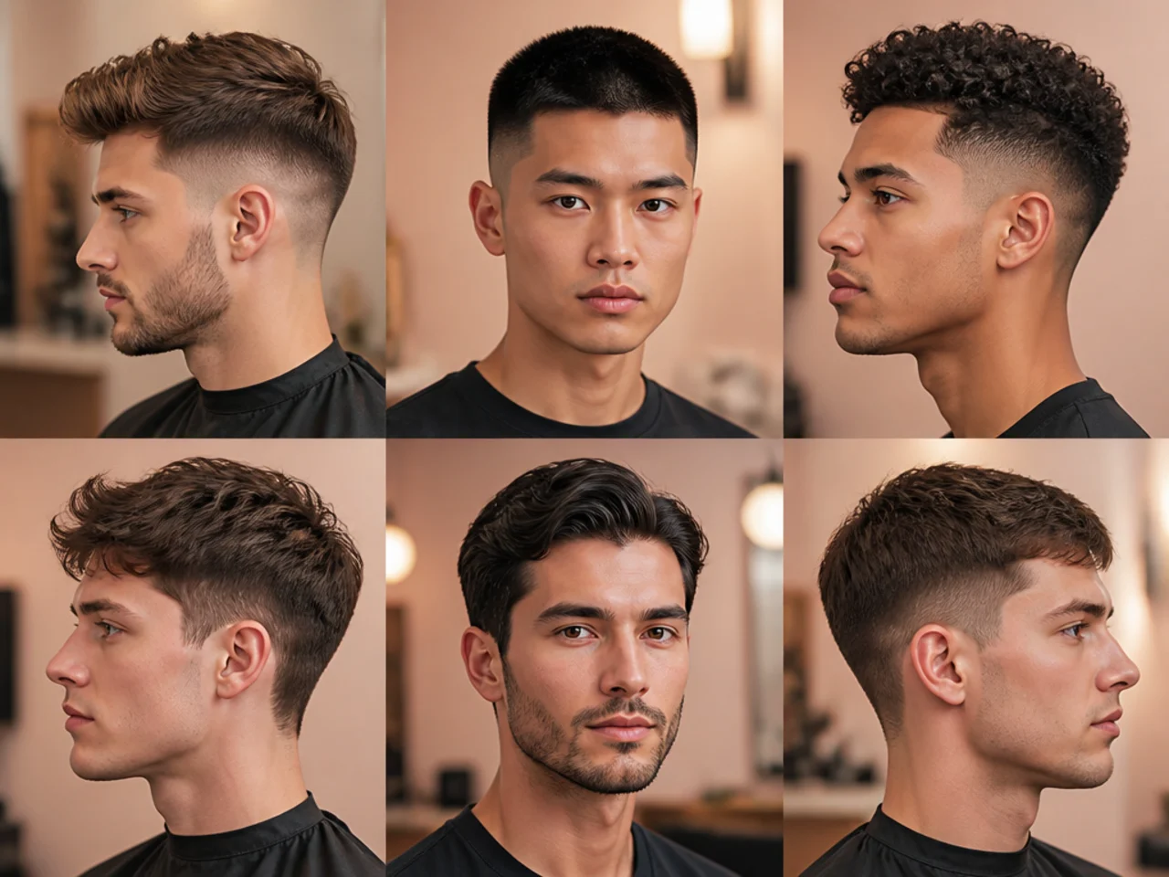 Buzz, crew cut, French crop, Ivy League, and textured crop compared side by side