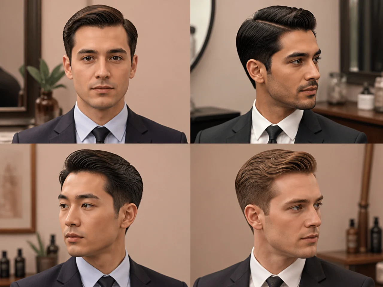 Classic executive side part with scissor-cut taper on a man in a navy suit