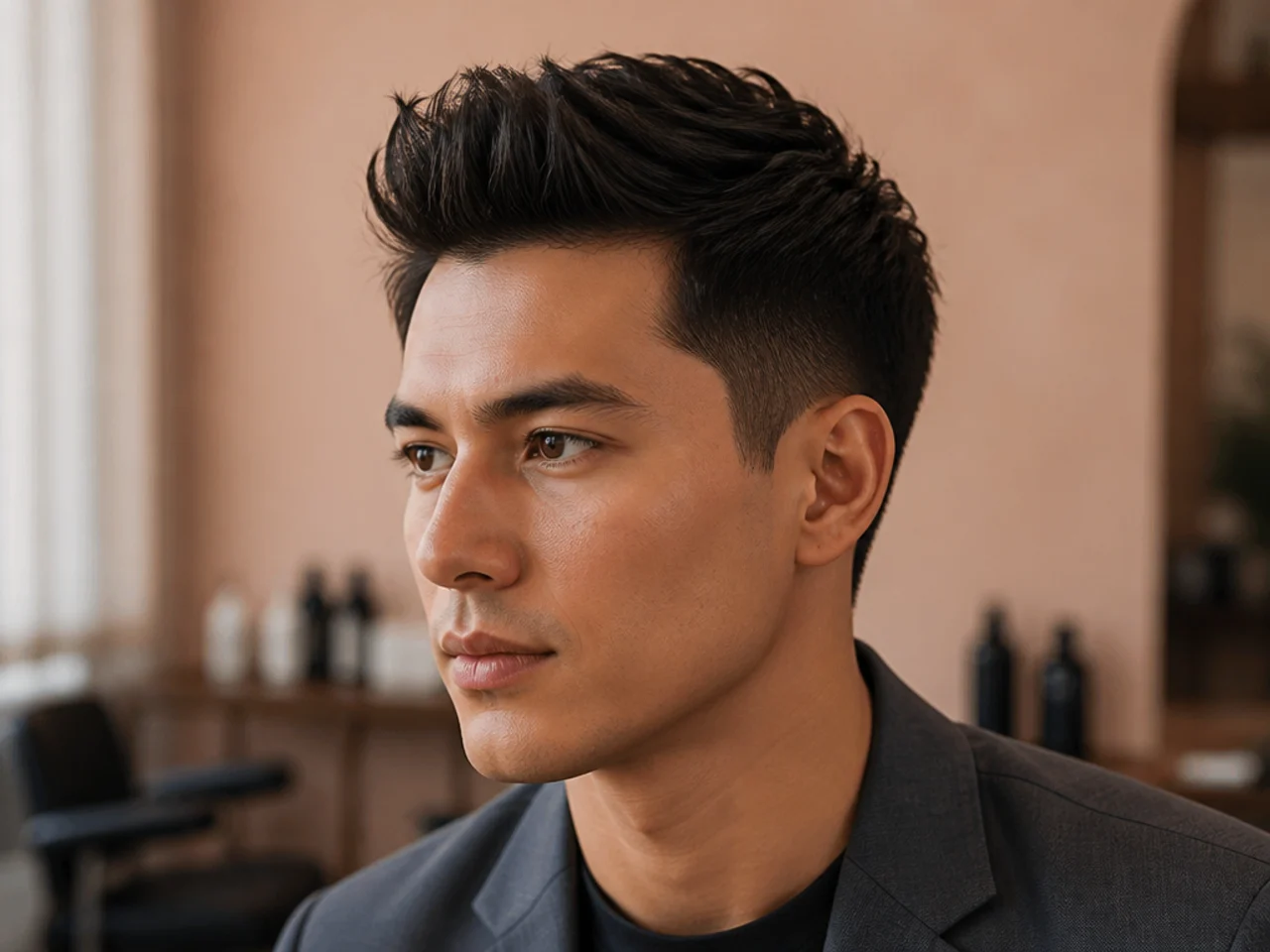 Short textured pompadour with mid fade on a man in office attire