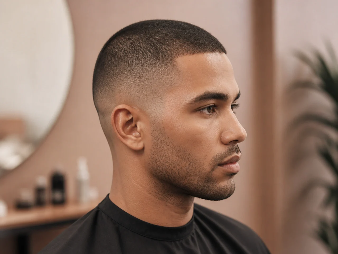 Groomed buzz cut with lineup on a man at his office desk