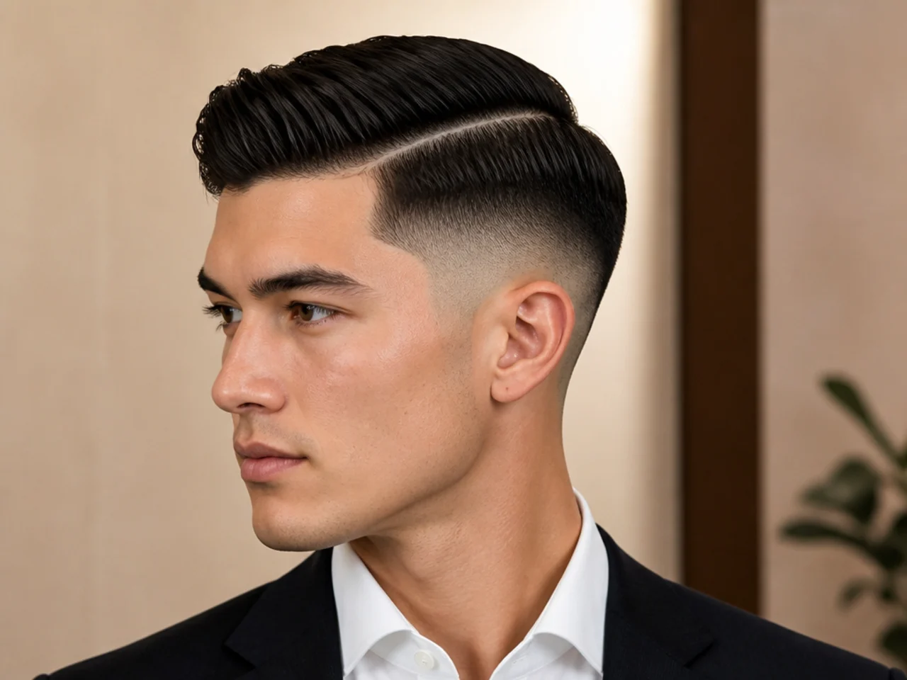 Hard side part with high skin fade on straight hair for a modern office