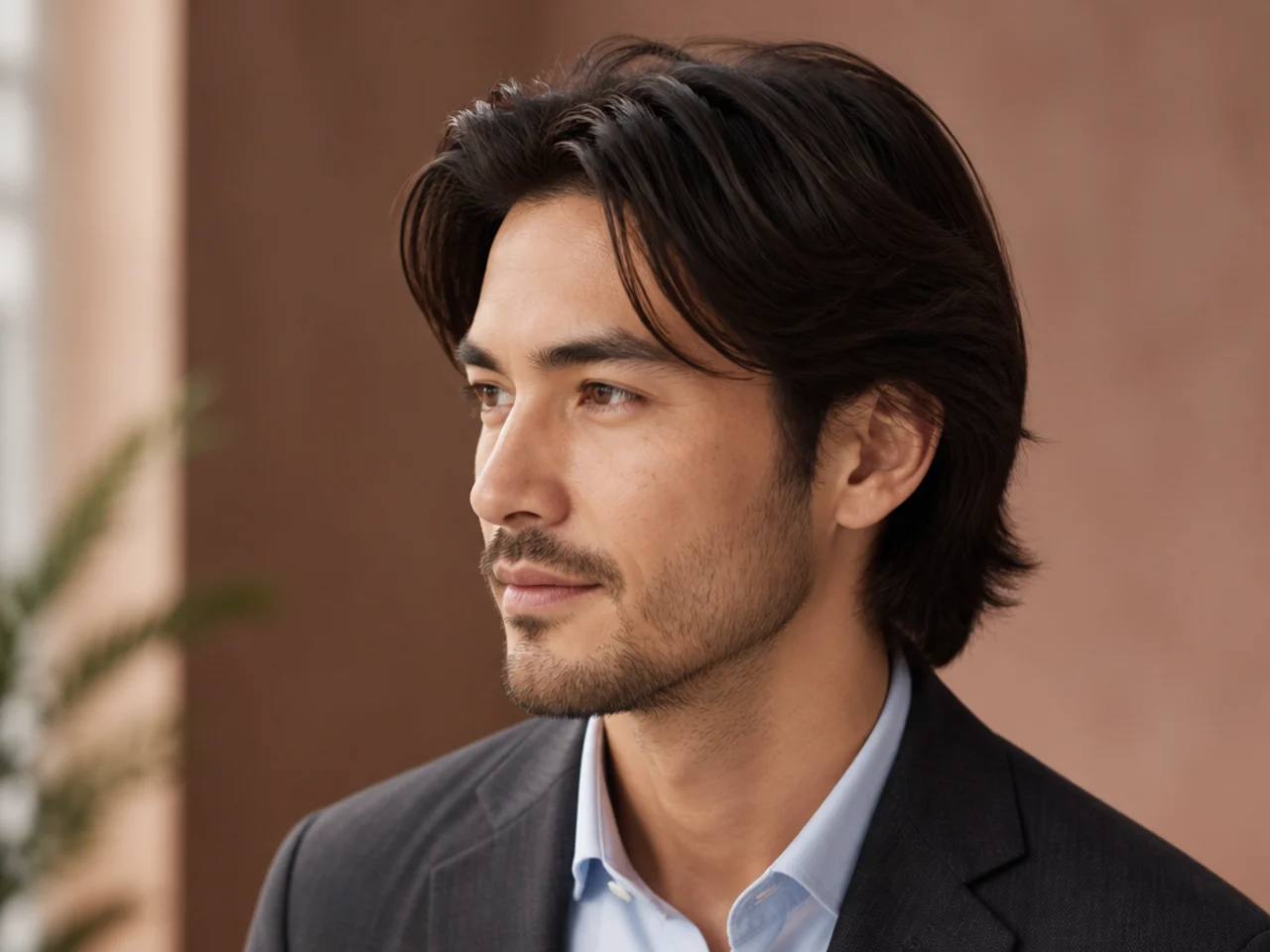 Layered medium-length executive haircut on wavy hair in an office setting