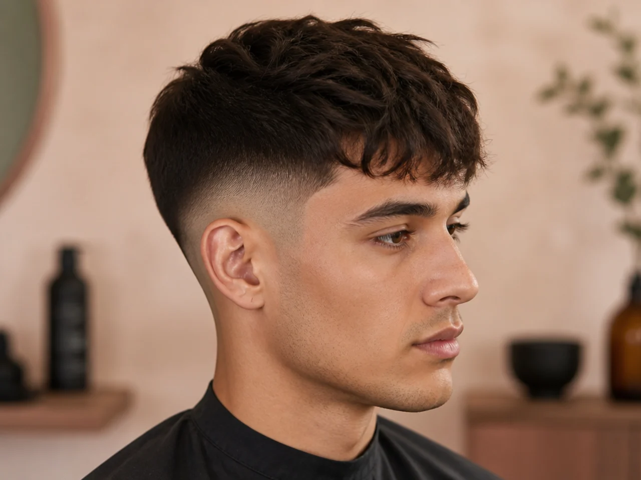 Low fade with soft textured fringe on wavy hair for the office