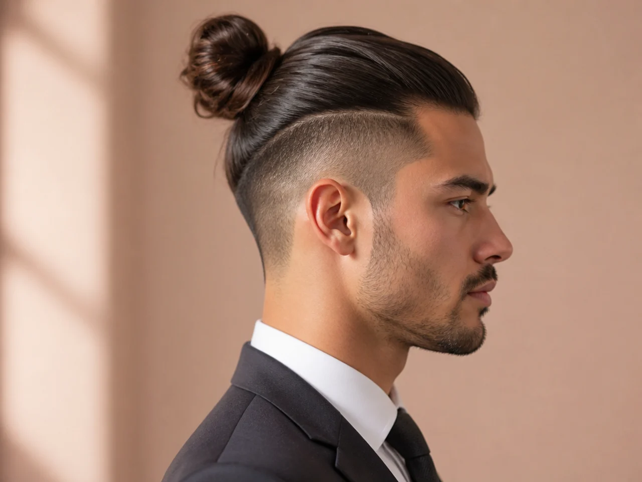 Executive man bun with hidden undercut on a man in office wear