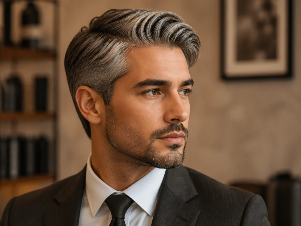 Silver fox side part on a mature executive in an office setting