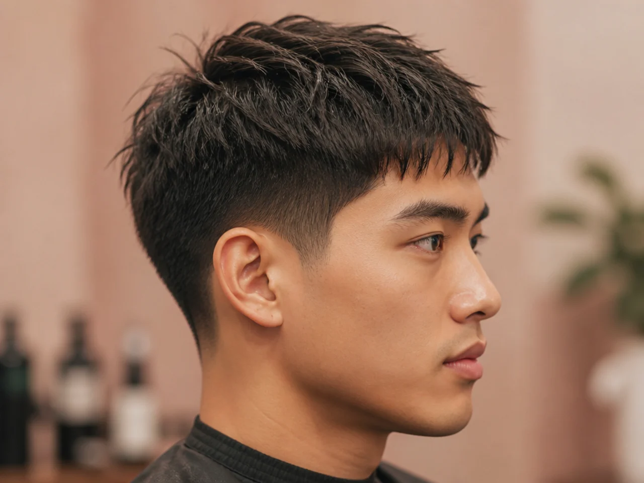 Textured crop with low taper and short forward fringe on wavy hair