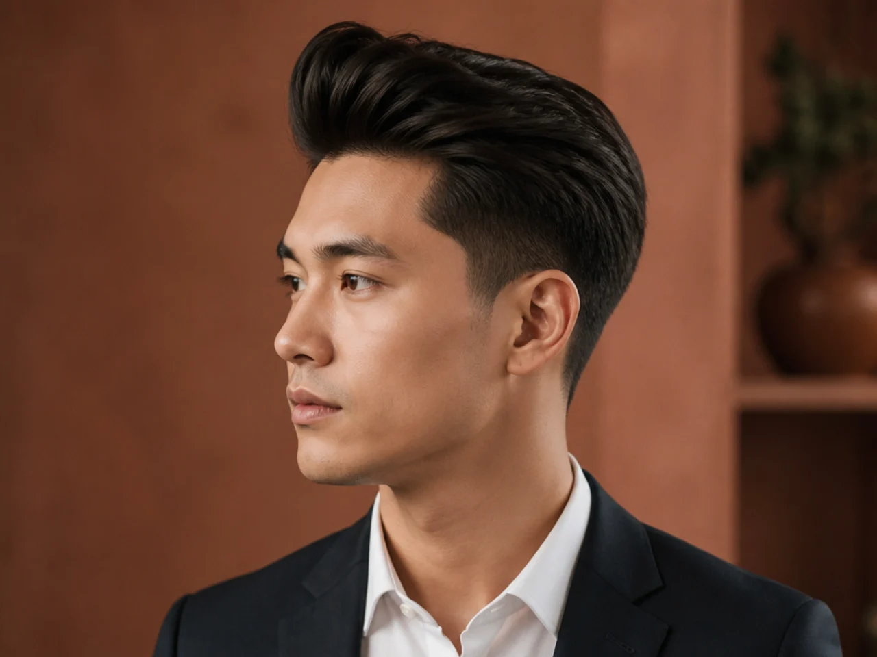 Modern quiff with low taper on wavy hair worn to work