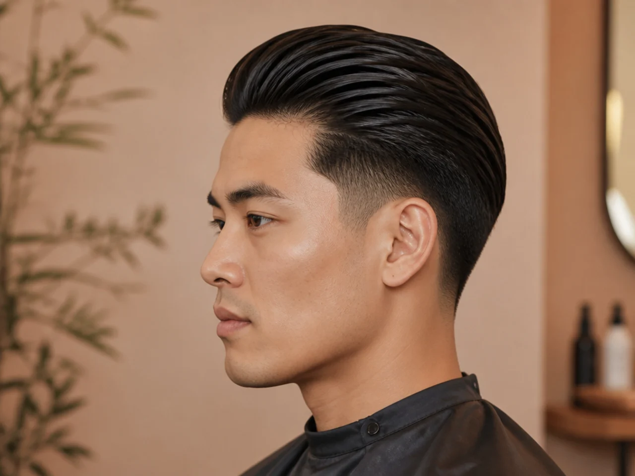 Sleek slick back with scissor taper on straight hair for a corporate office