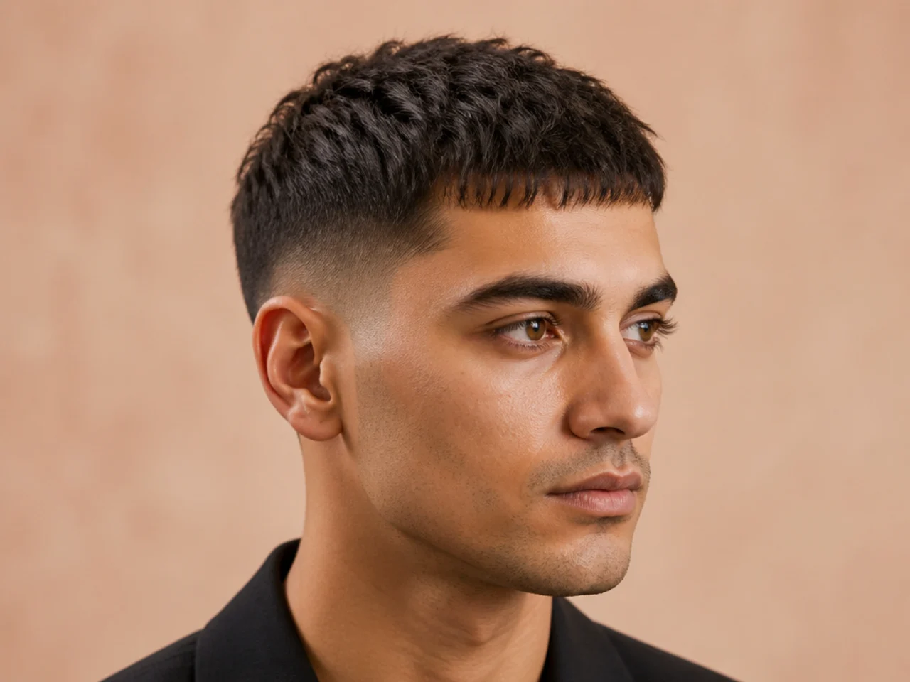 French crop fade with blunt fringe on a man in business casual
