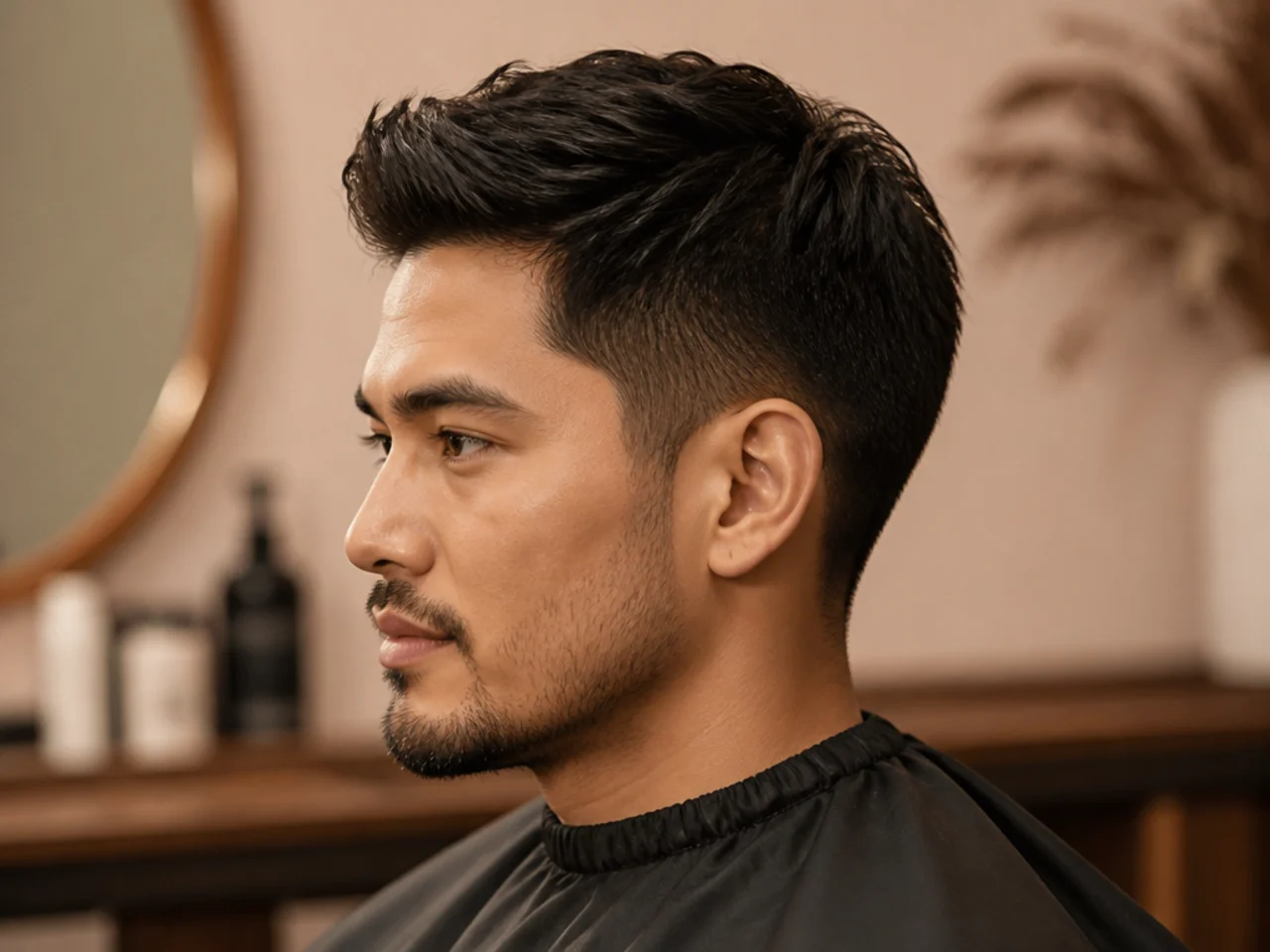 Styling products laid out for a professional office haircut routine