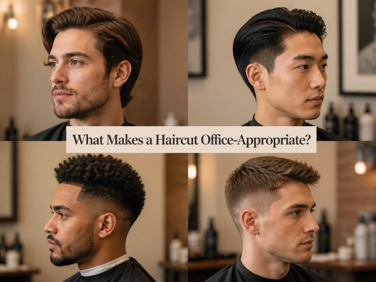 Clean side-part professional haircut on a man in office attire