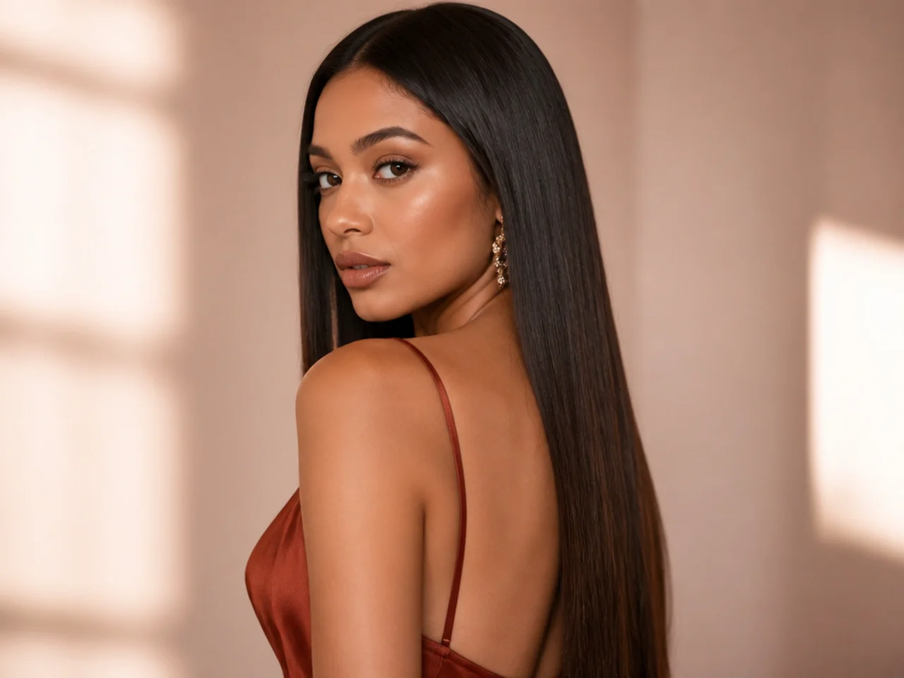 Sleek straight hair worn down for prom