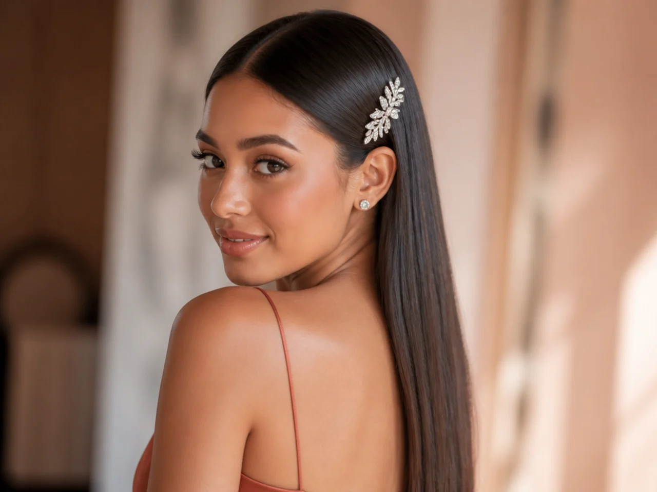 Straight hair with a decorative clip
