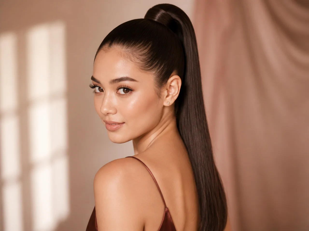 A sleek wrapped high ponytail