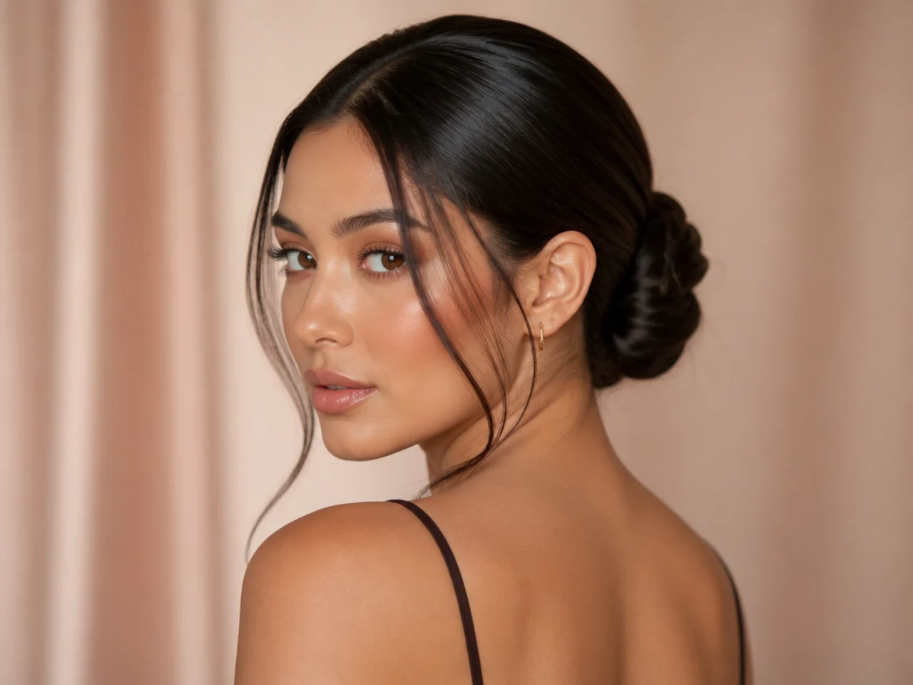 A low chignon with crossed pins