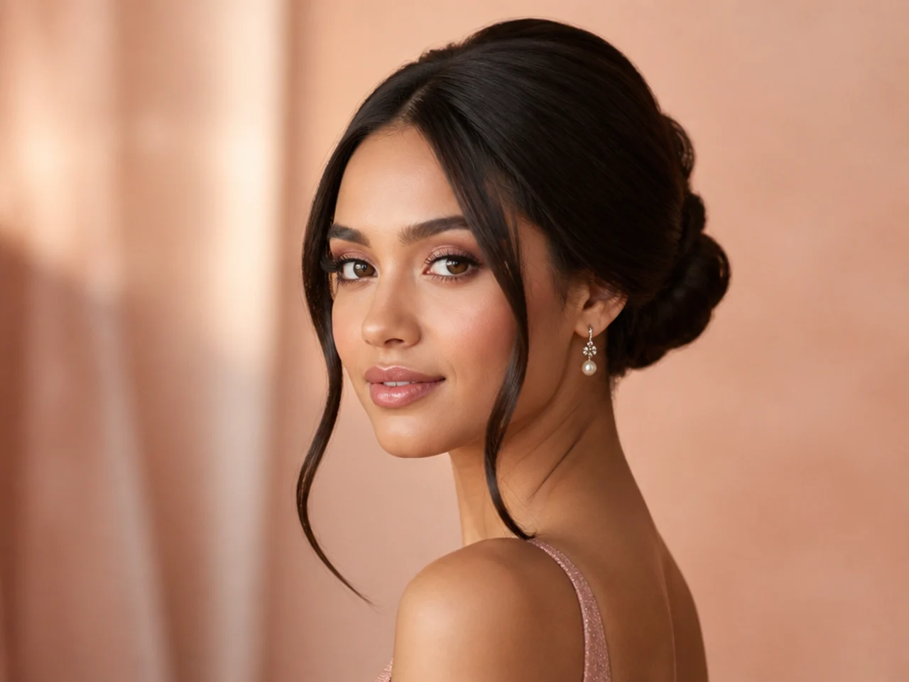 Three-quarter view of a prom updo on straight hair