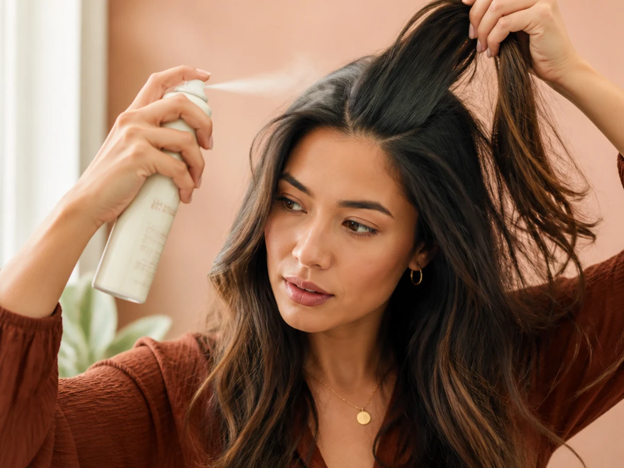 Dry shampoo sprayed into lifted sections