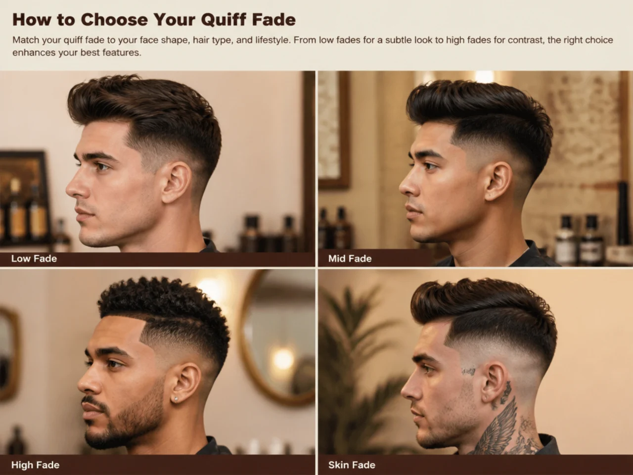 Three men with different face shapes wearing three different quiff fade variations for comparison