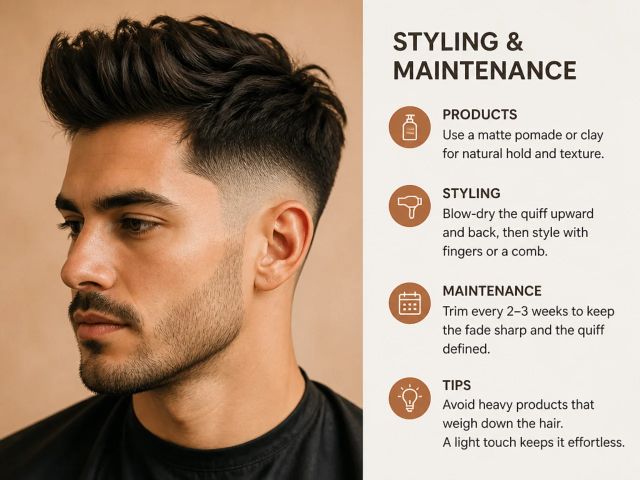 Grooming flat-lay for a quiff fade — matte clay, sea-salt spray, fine-tooth comb, and blow-dryer