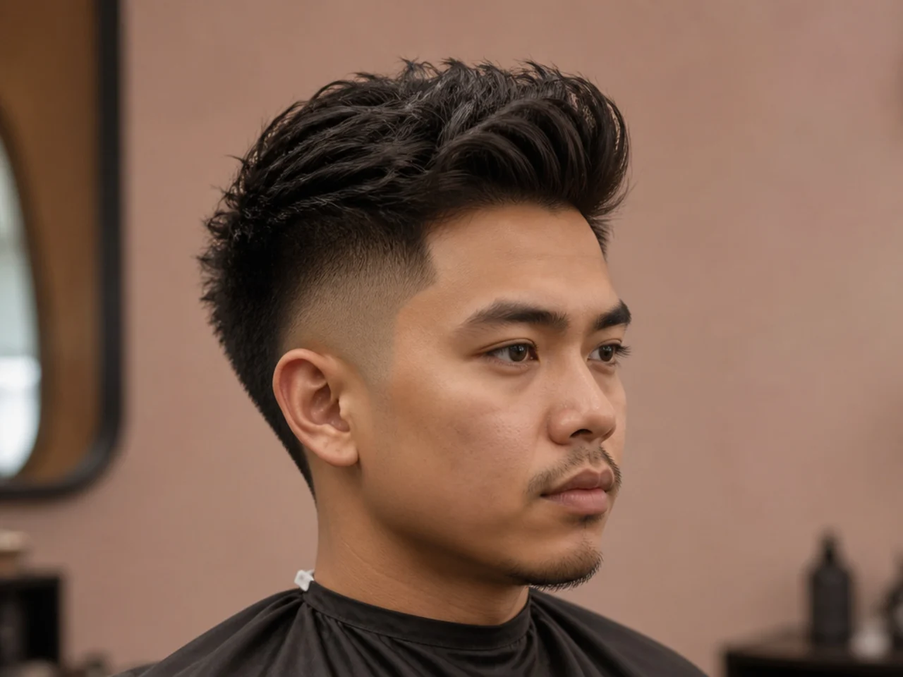 Burst fade quiff — semicircular fade radiating around the ear under a lifted textured top