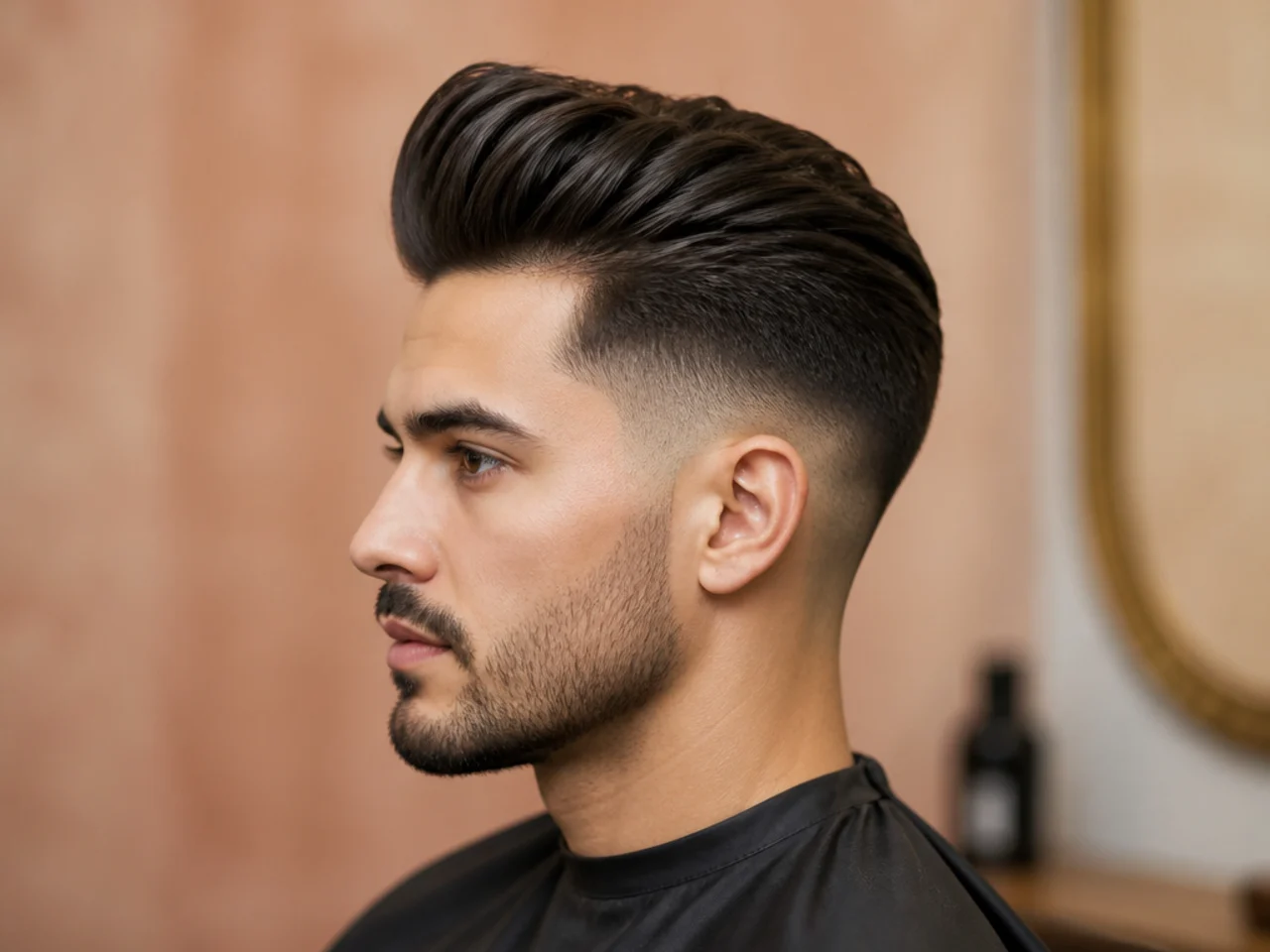 Classic low fade quiff on a young man with a 4-inch textured top and a soft low fade above the ear
