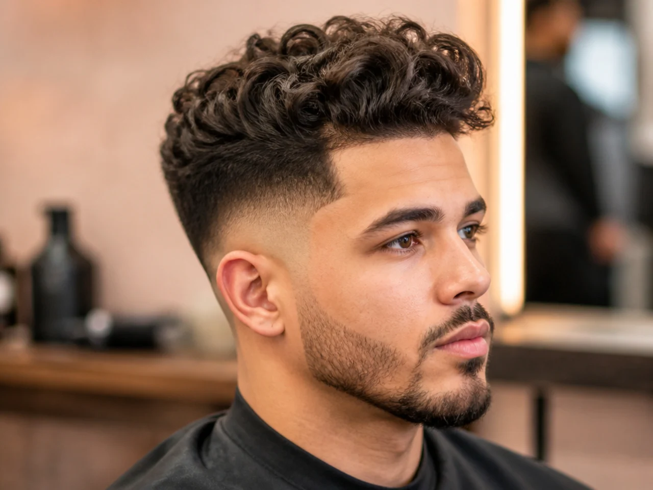 Curly quiff fade — natural curls swept up and back over a mid fade