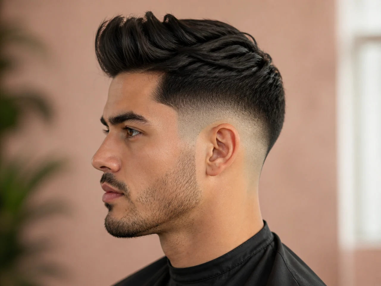 Drop fade quiff — fade curving down behind the ear following the head's natural line under a lifted quiff