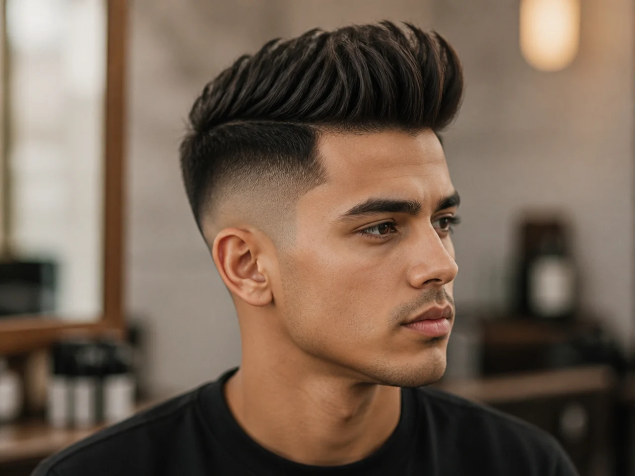 High fade quiff with dramatic contrast — fade rising above the temple and a tall lifted top