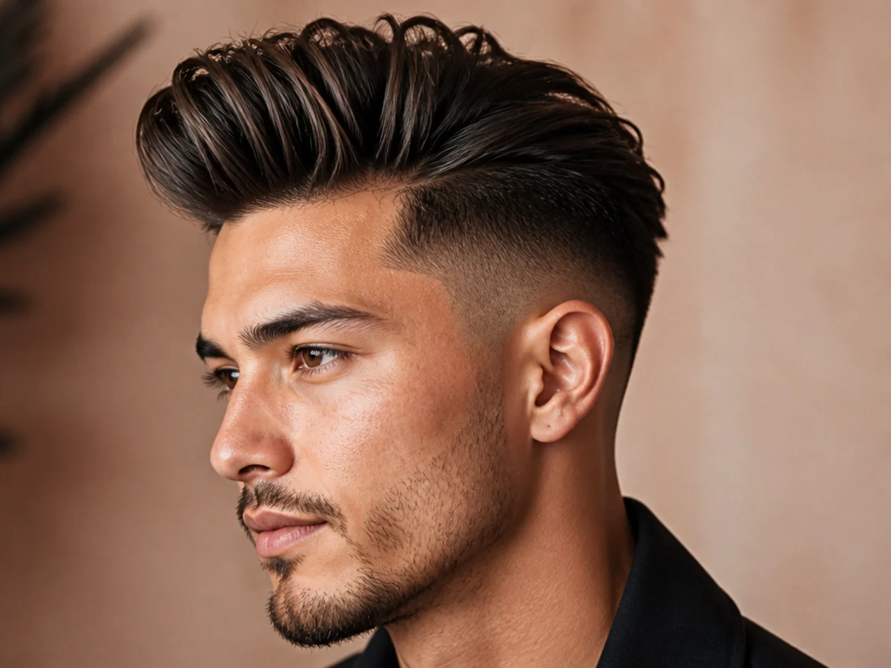 Long quiff fade — 6-inch dramatic swept-back top over a low fade for a statement look