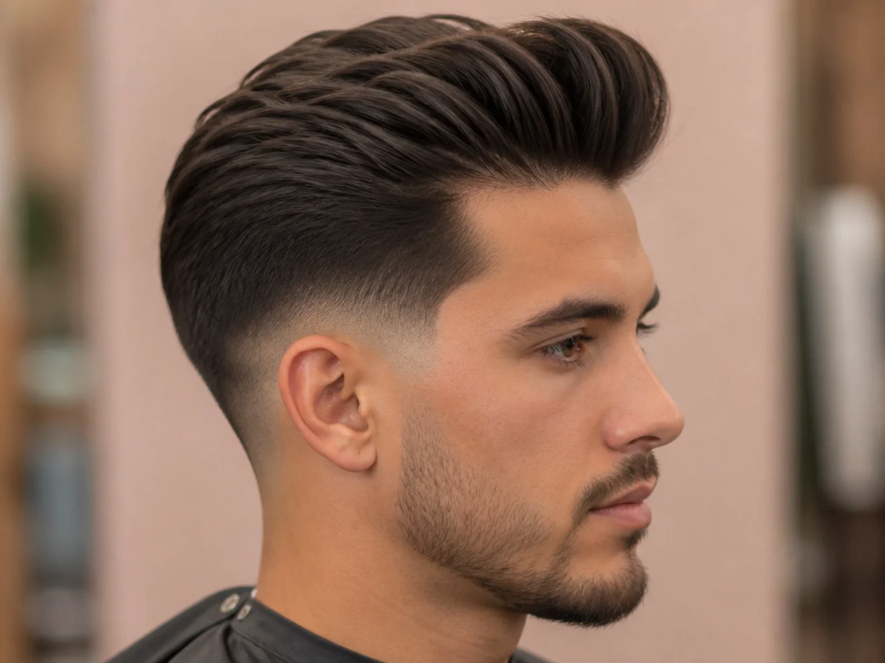 Low taper fade quiff — subtle taper around the ear and neckline under a soft textured top