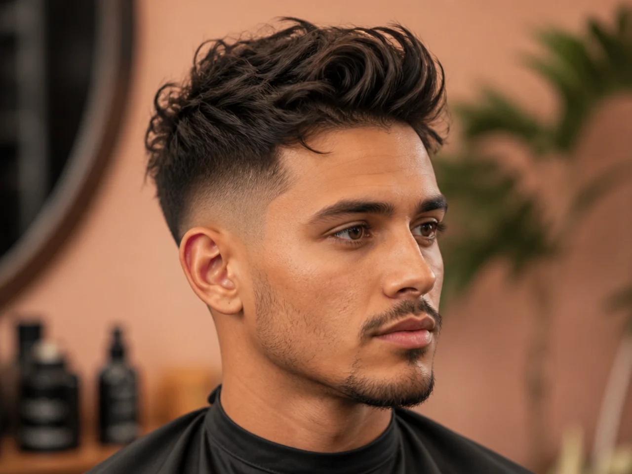 Messy quiff fade — deliberately undone lifted top with visible separation over a mid fade