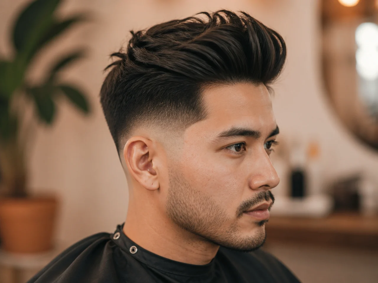 Mid fade quiff — fade starts at the temple with a 4-inch swept-back top