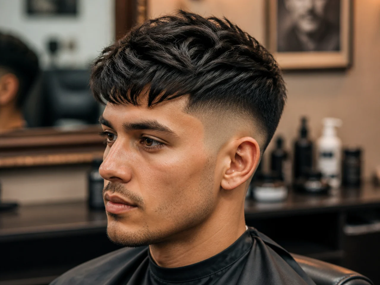 Modern fringe quiff fade — front fringe sitting forward with lifted quiff at the crown over a mid fade
