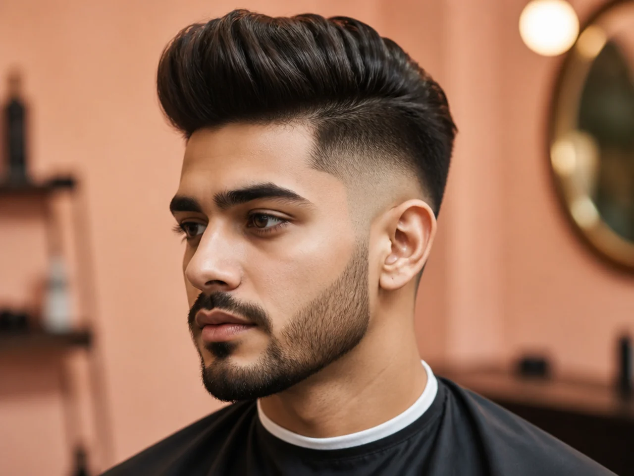 Pompadour quiff fade — full-volume rolled front swept up and back over a mid fade