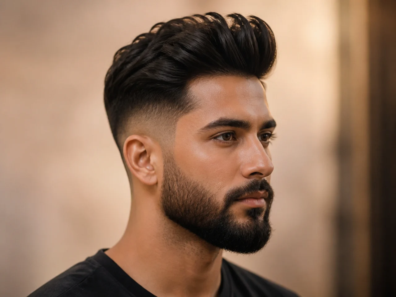 Quiff fade paired with a full trimmed beard for a masculine framed portrait